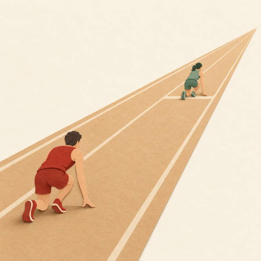 Two runners at a start line, one far behind the other