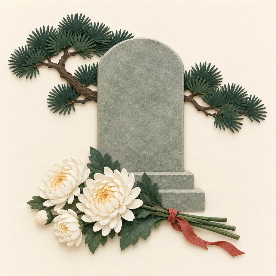 White chrysanthemums lie before a simple stone monument