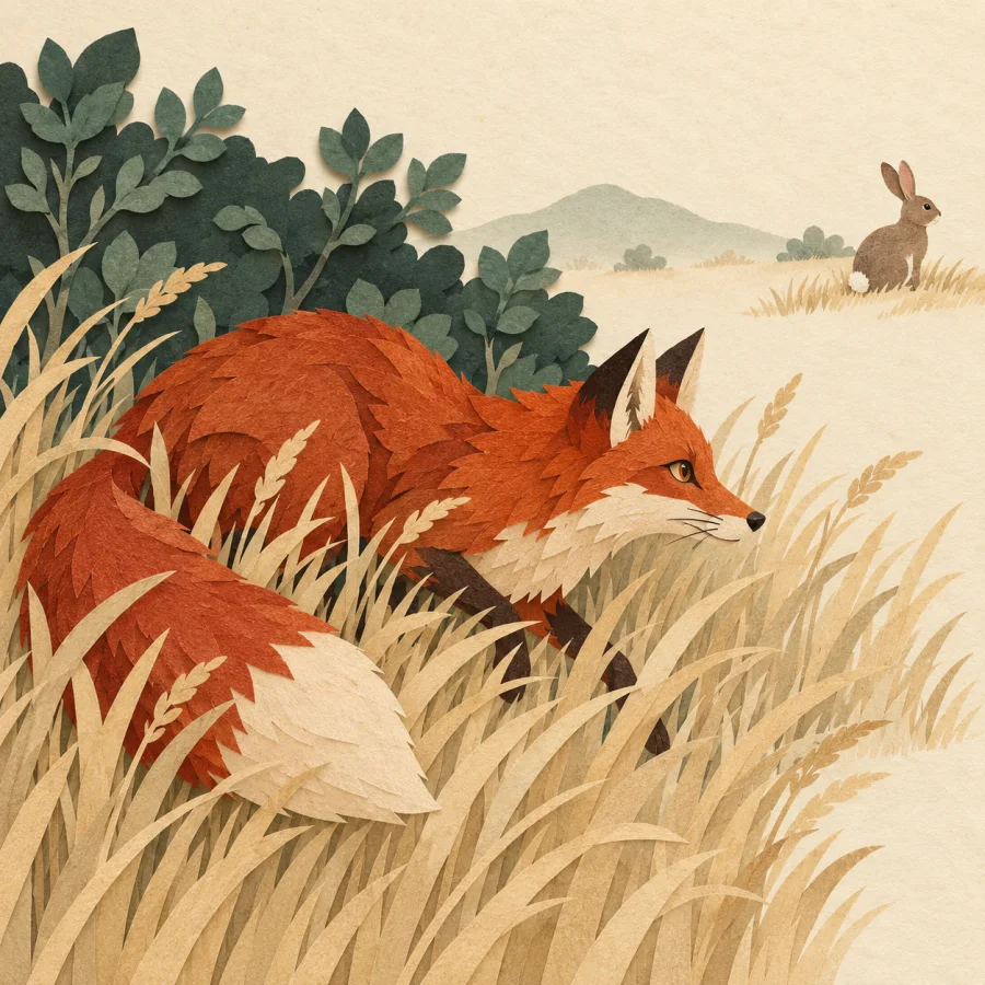 A fox crouches in grass watching a distant rabbit