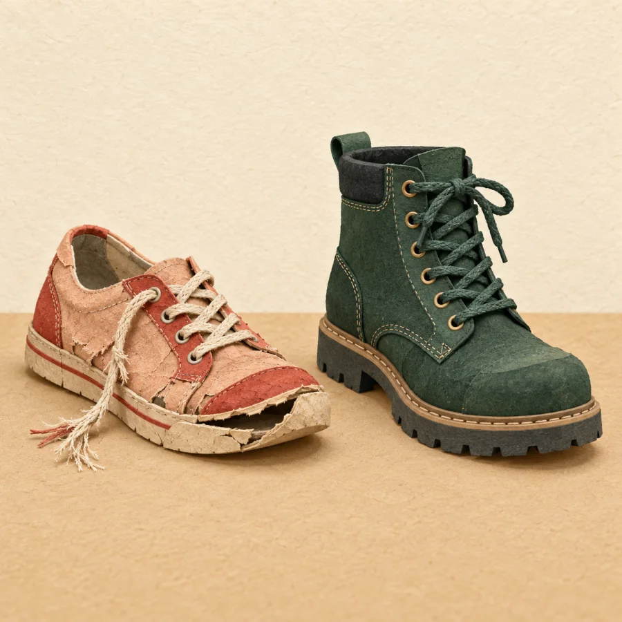 A shoe with a falling-off sole beside a sturdy boot