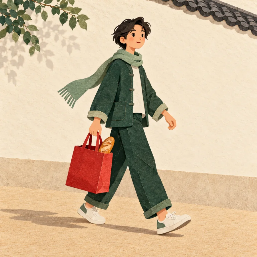 A person walks with a red bag hanging from one hand