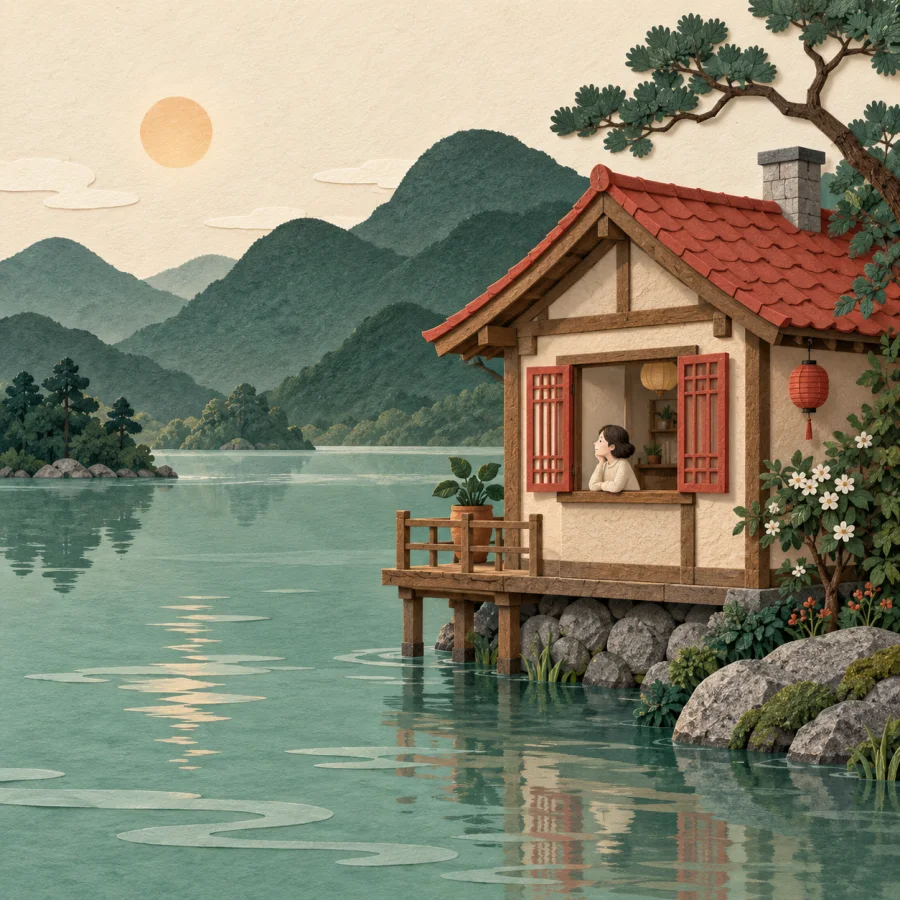 A small house stands at the water's edge with a person at the window