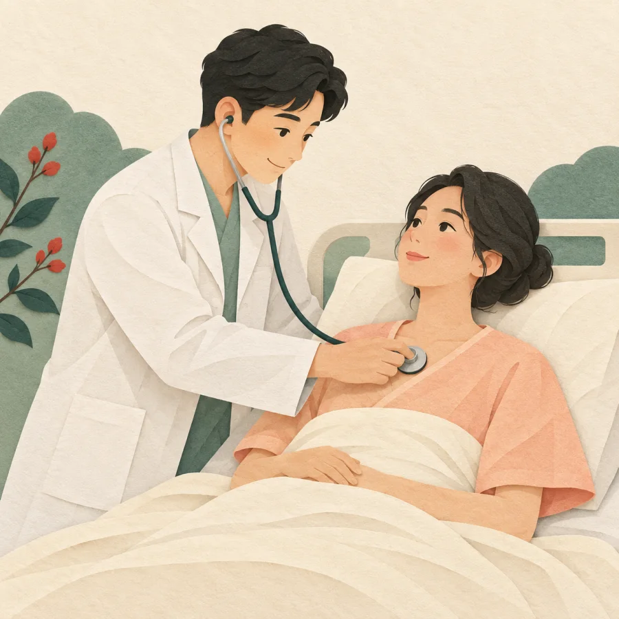 A doctor listens to a patient beside a hospital bed