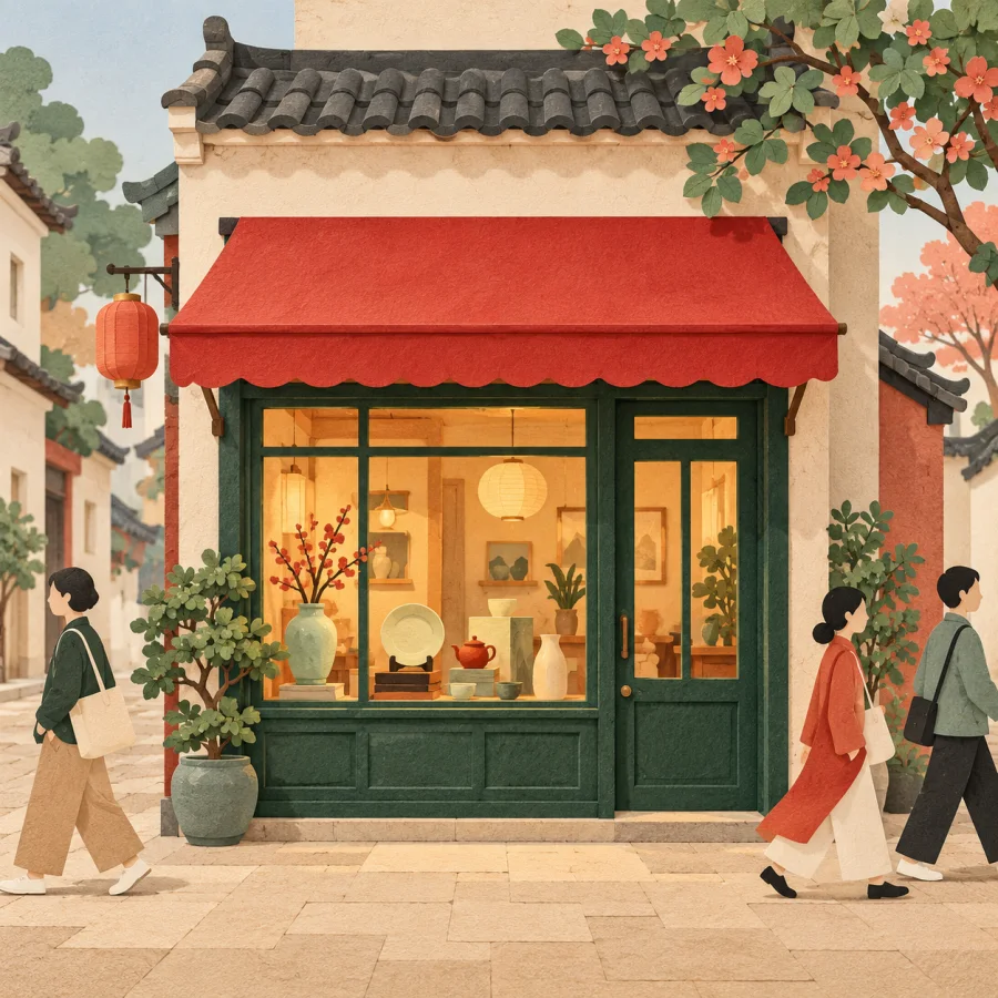 A small shop with a big window on a busy street