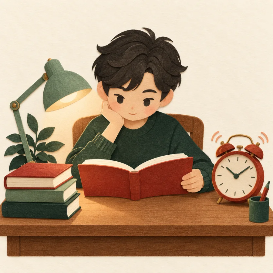 A student at a desk with books and an alarm clock about to ring