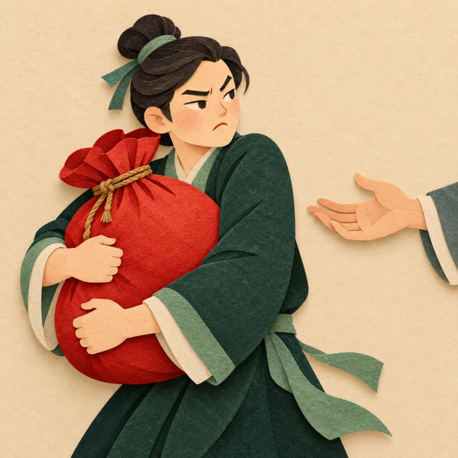 A person hugs a money bag and turns away from an empty hand