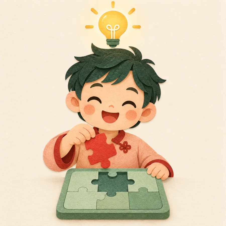 A smiling child holds a puzzle piece with a lightbulb overhead