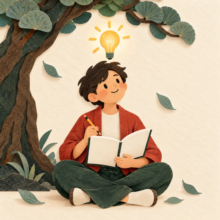 A person with a notebook under a tree with a lightbulb overhead