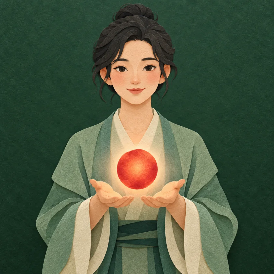 A person opens their palms with a glowing red orb floating above