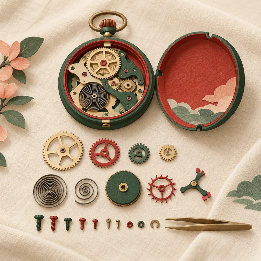 Gears, screws and springs laid out neatly on a cloth