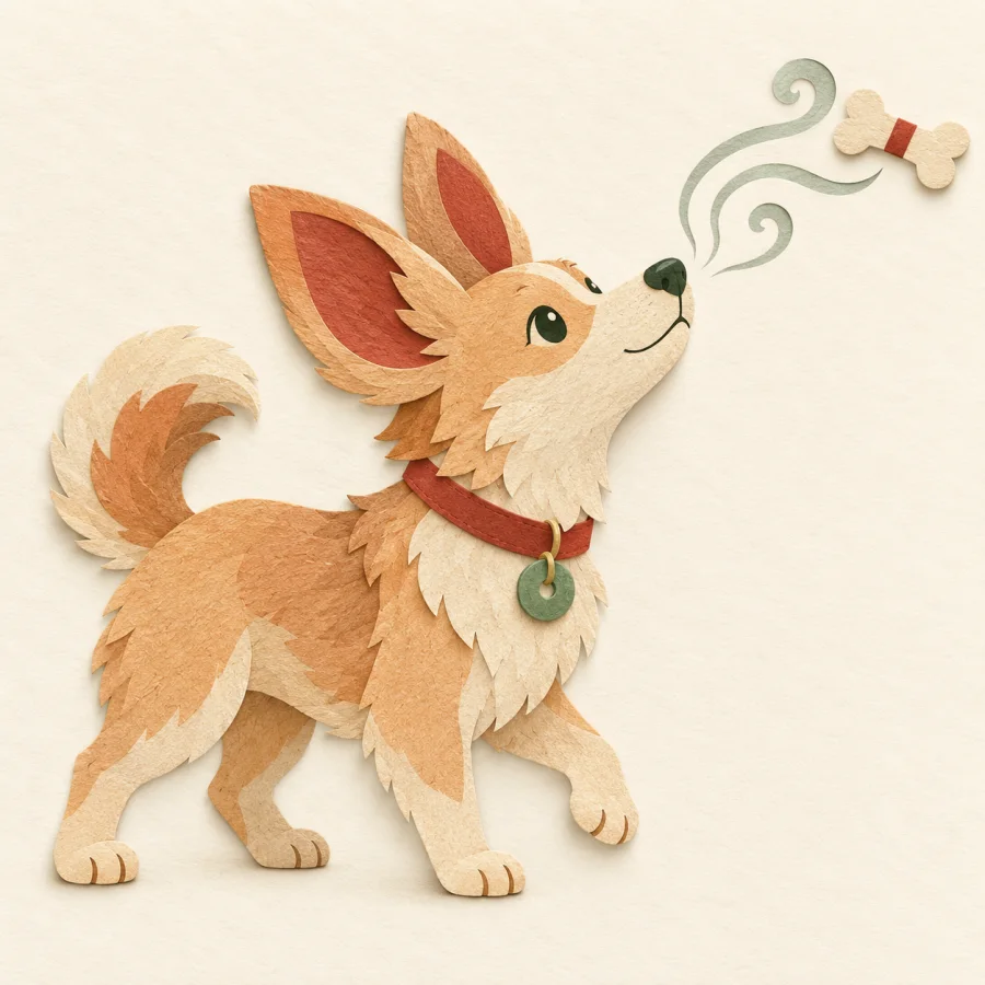 A dog with perked ears sniffs a scent trail to a bone