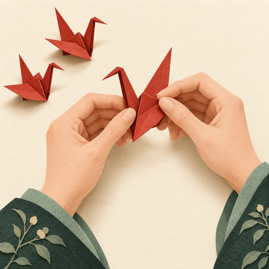 Nimble hands fold a paper crane