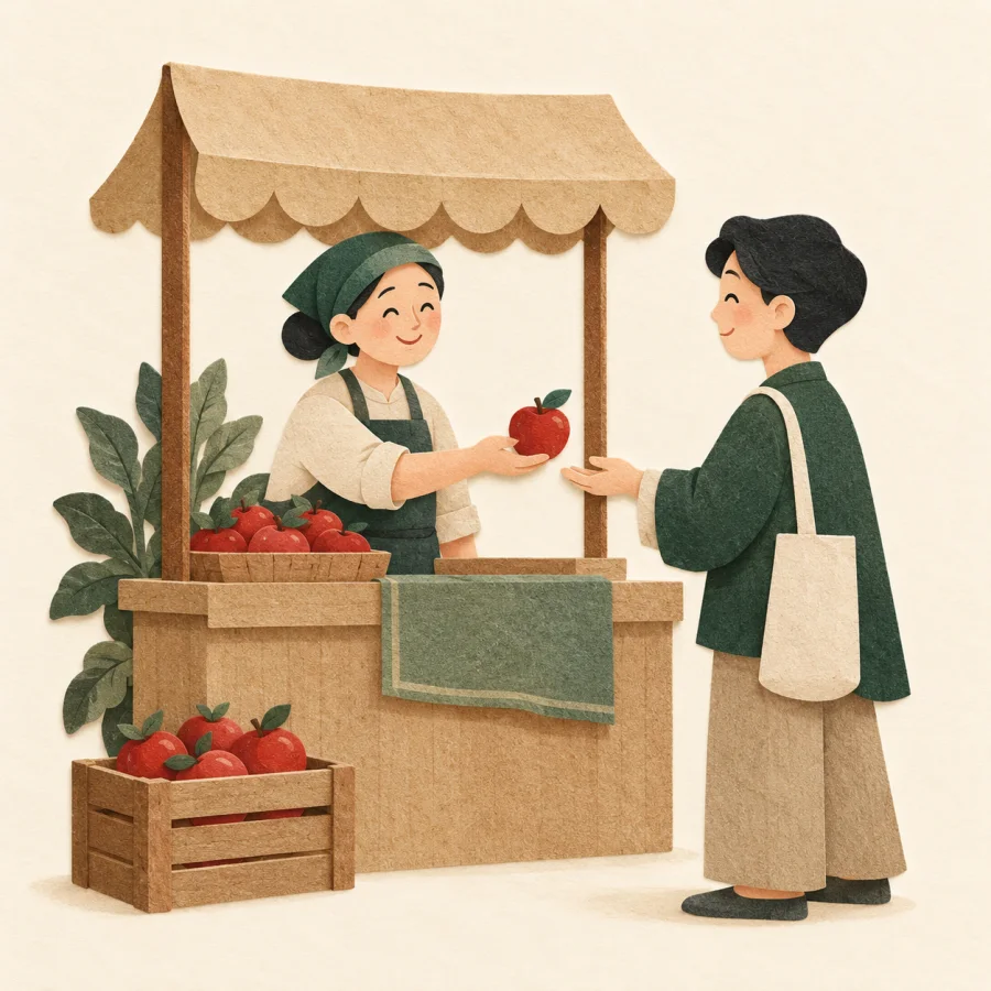A shopkeeper hands a customer a single red apple