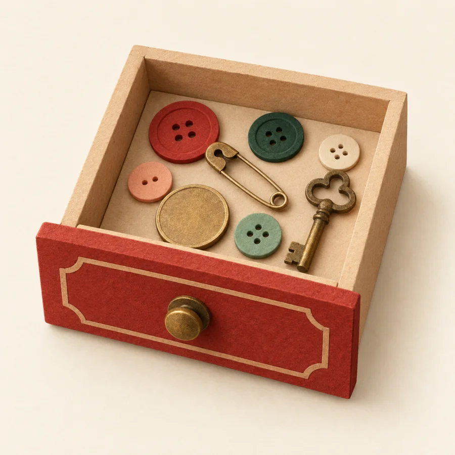 An open drawer holds buttons, a pin and an old key