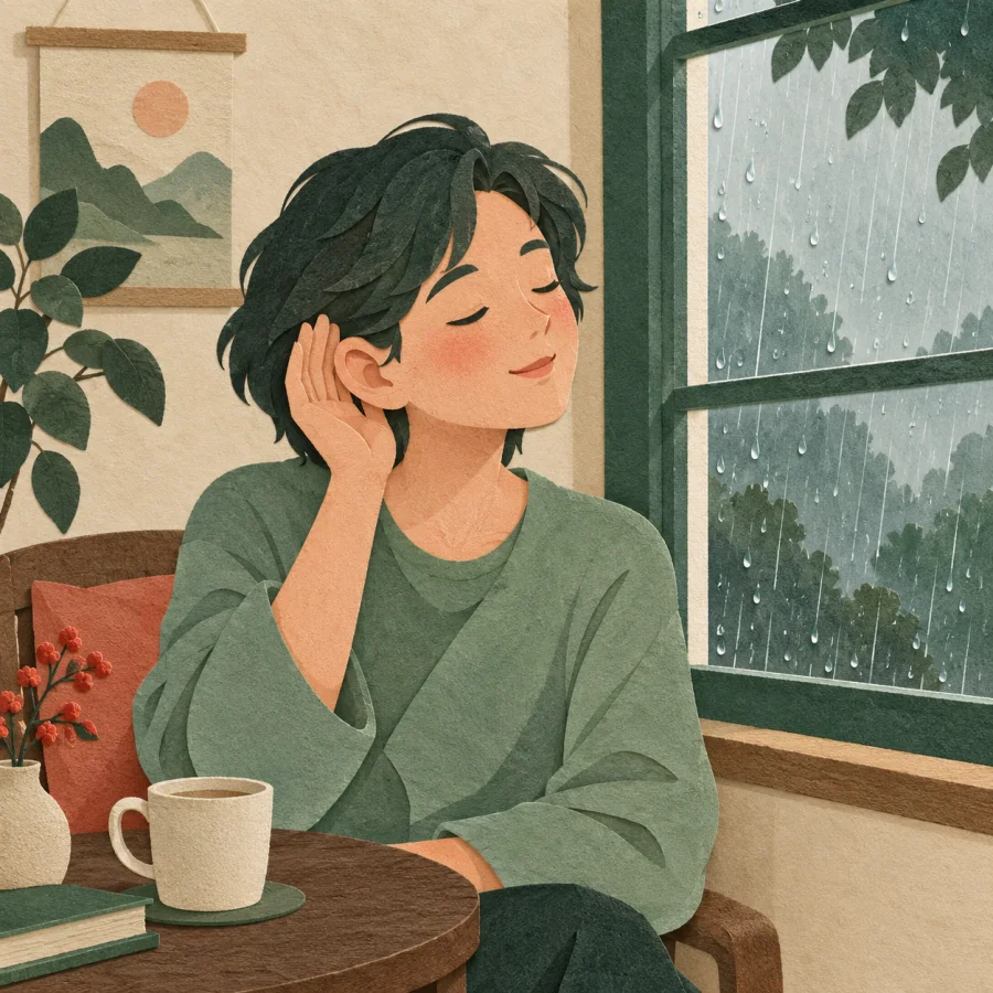 A person with closed eyes listens to the rain by a window