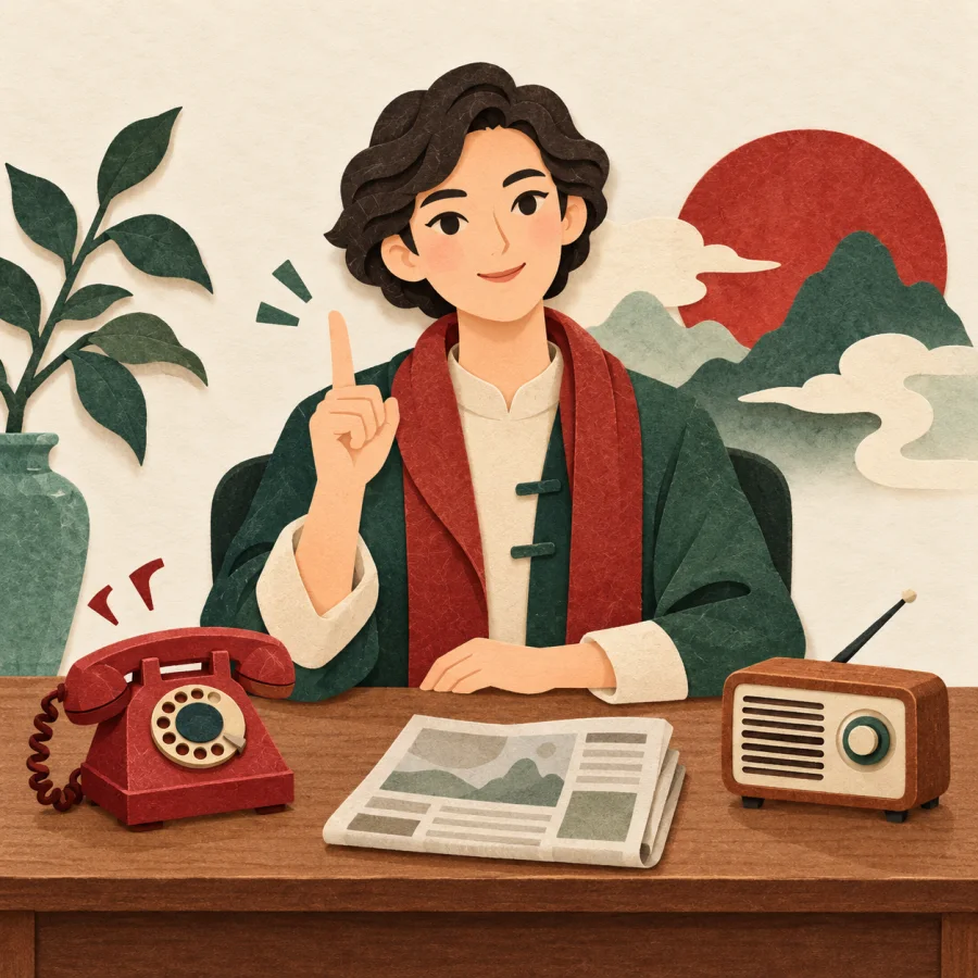 A person at a desk with a phone, a newspaper and a radio
