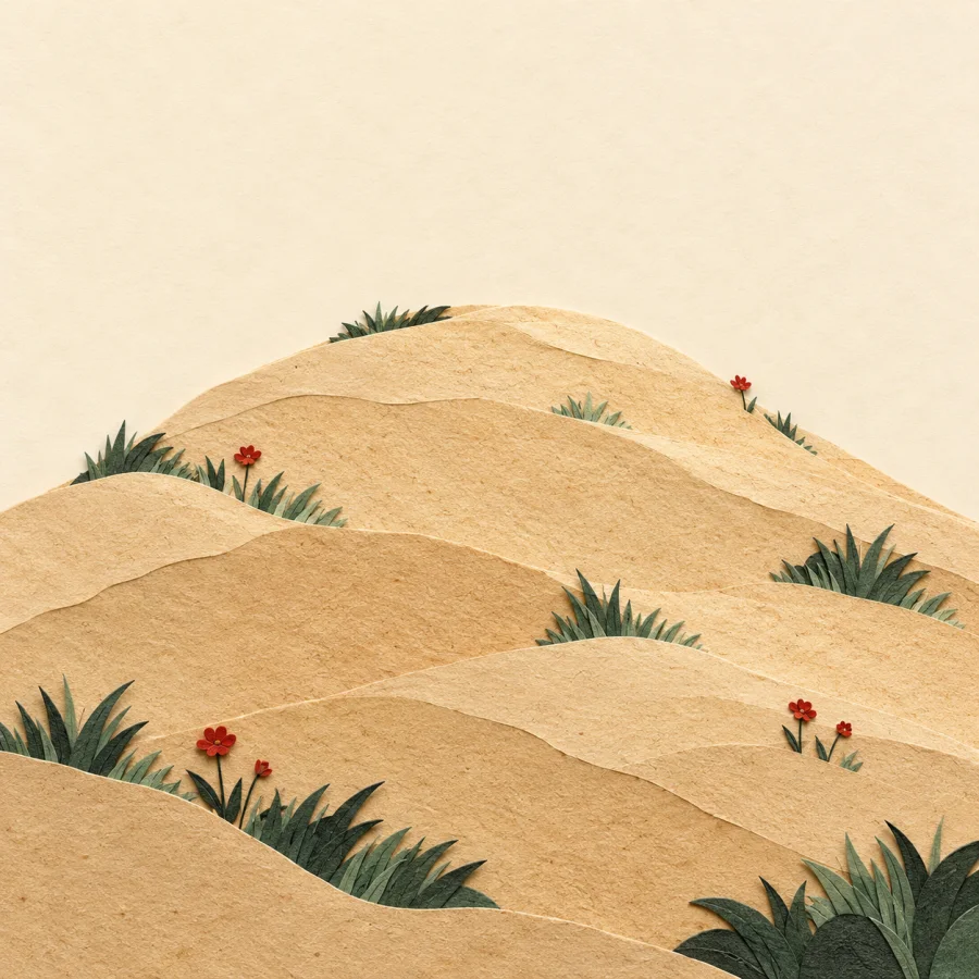 A few red flowers dot an empty sandy hillside