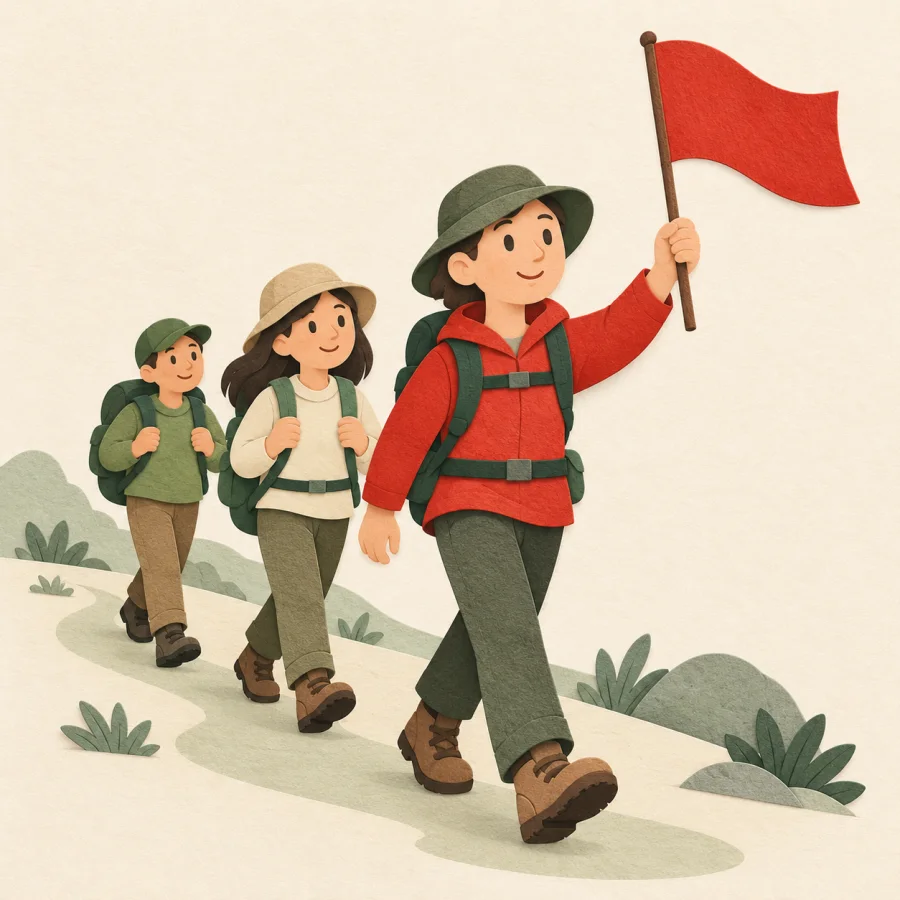 A person with a red flag leads a group of backpackers