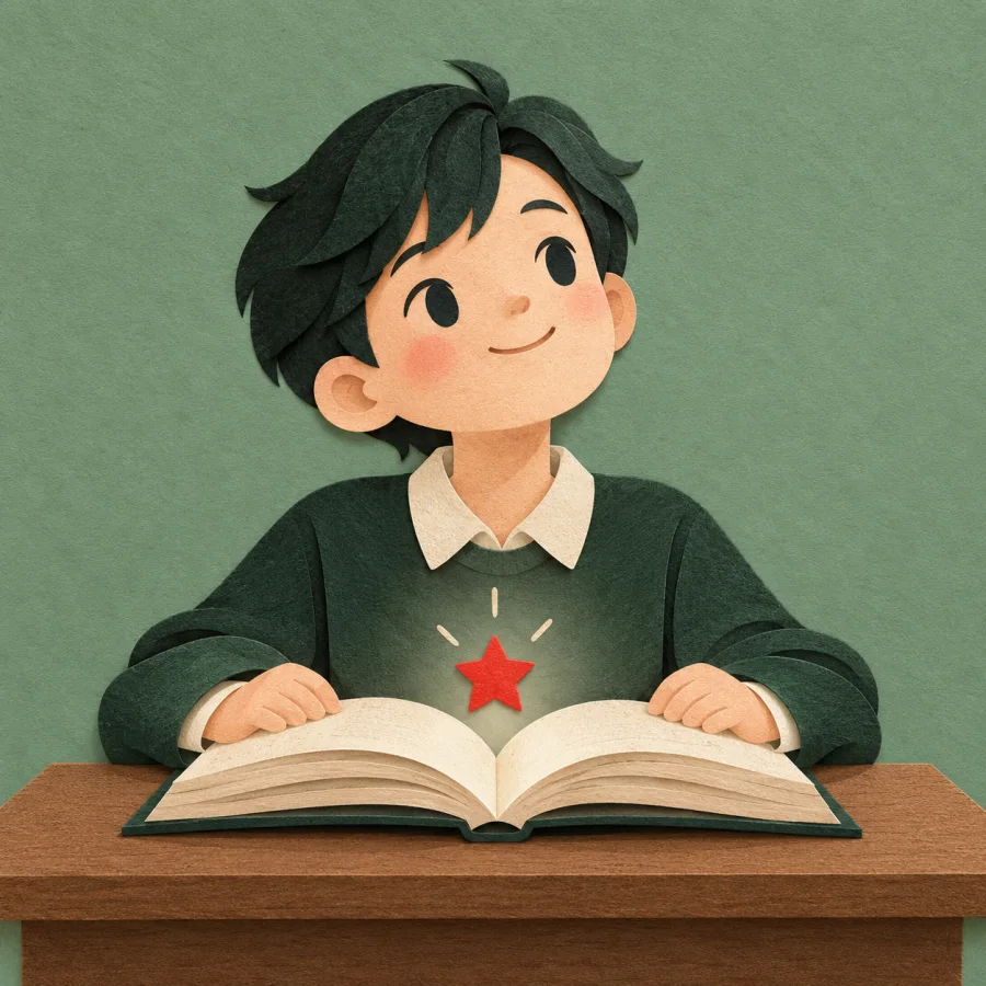 A student nods over an open book with a star above the page
