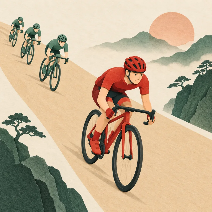 A cyclist in red rides far ahead of the group