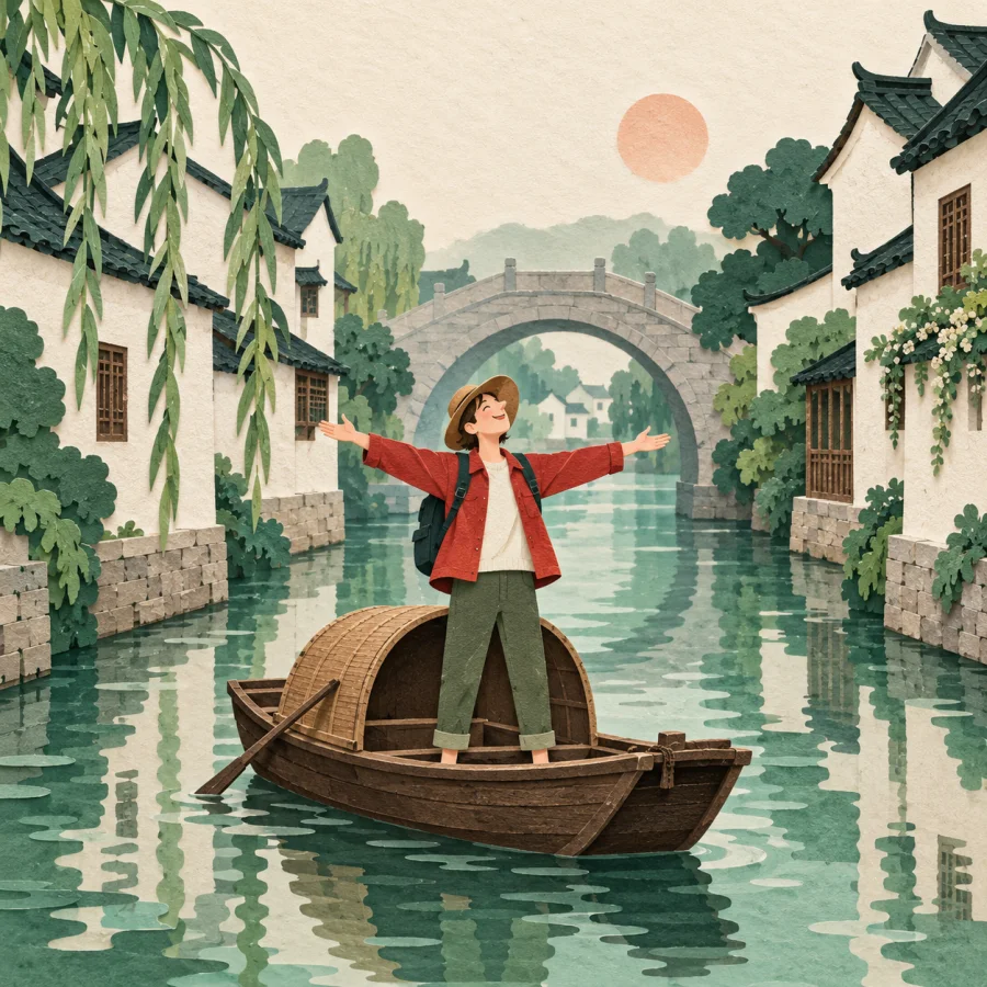 A traveler on a canal boat opens their arms to take in the view