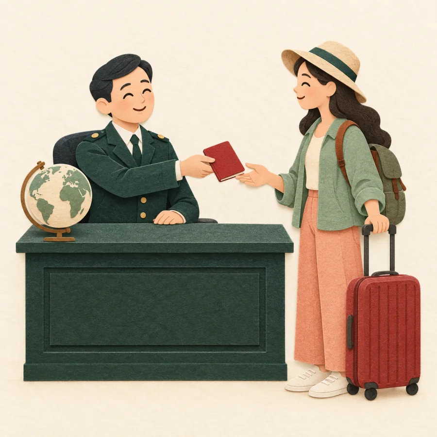 An official at a desk hands a passport to a traveler with a suitcase