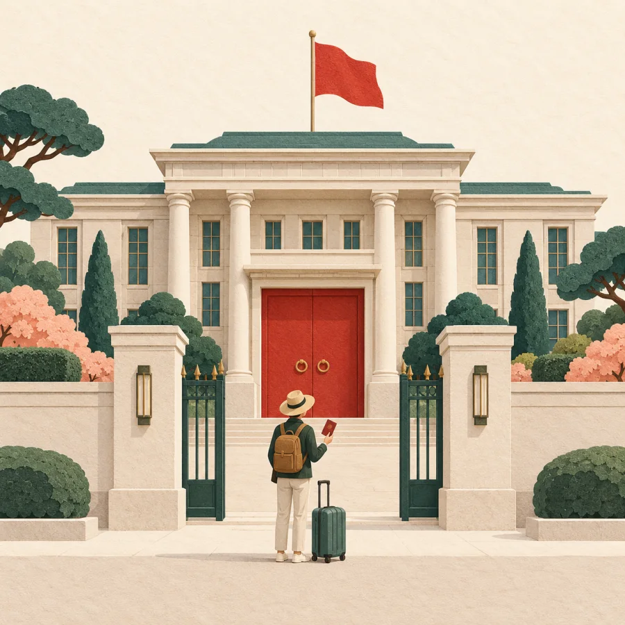 A traveler with a suitcase stands at a columned building entrance