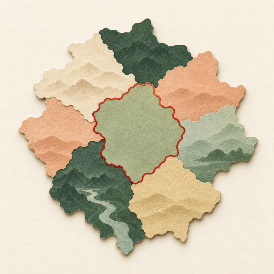 Patches of colored land, one outlined with a red line