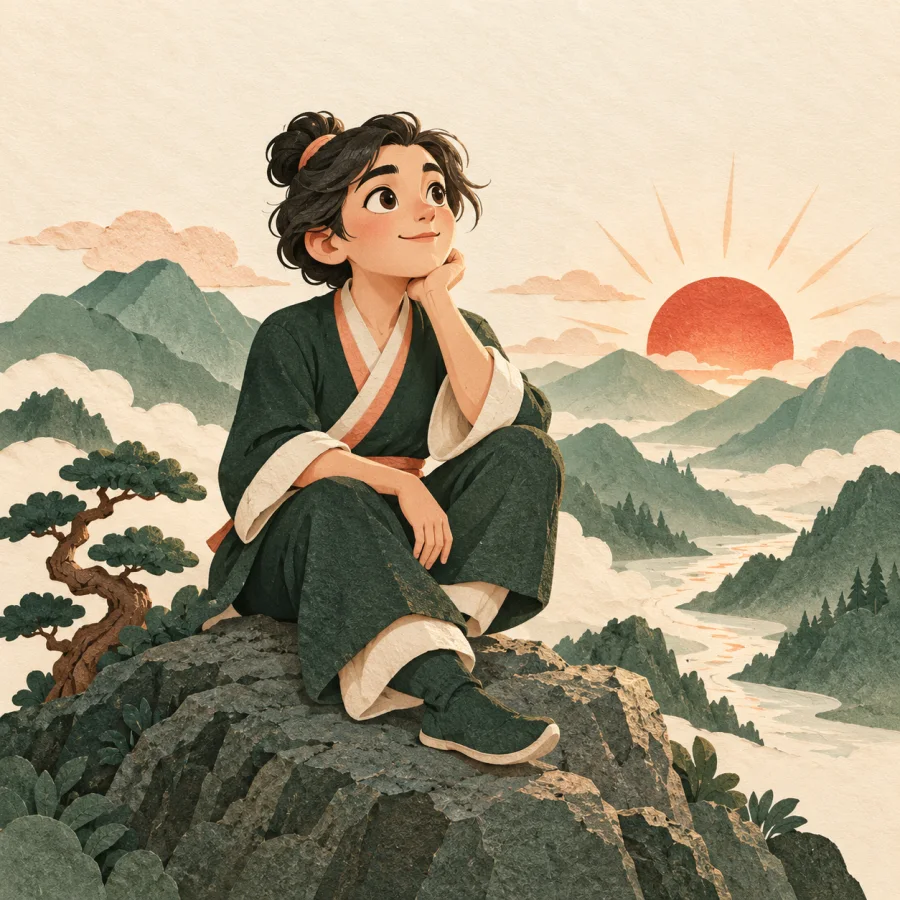 A person on a rock watches sunrise with a startled, realizing face