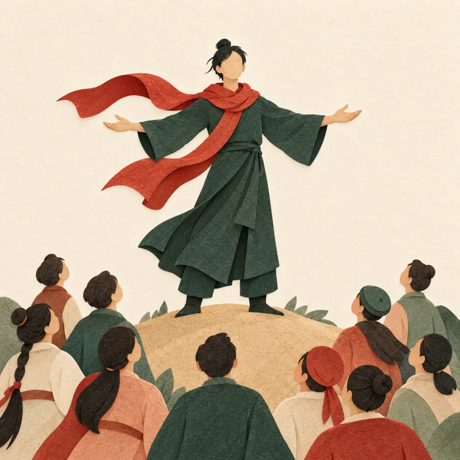 A tall person with open arms as a crowd gathers around