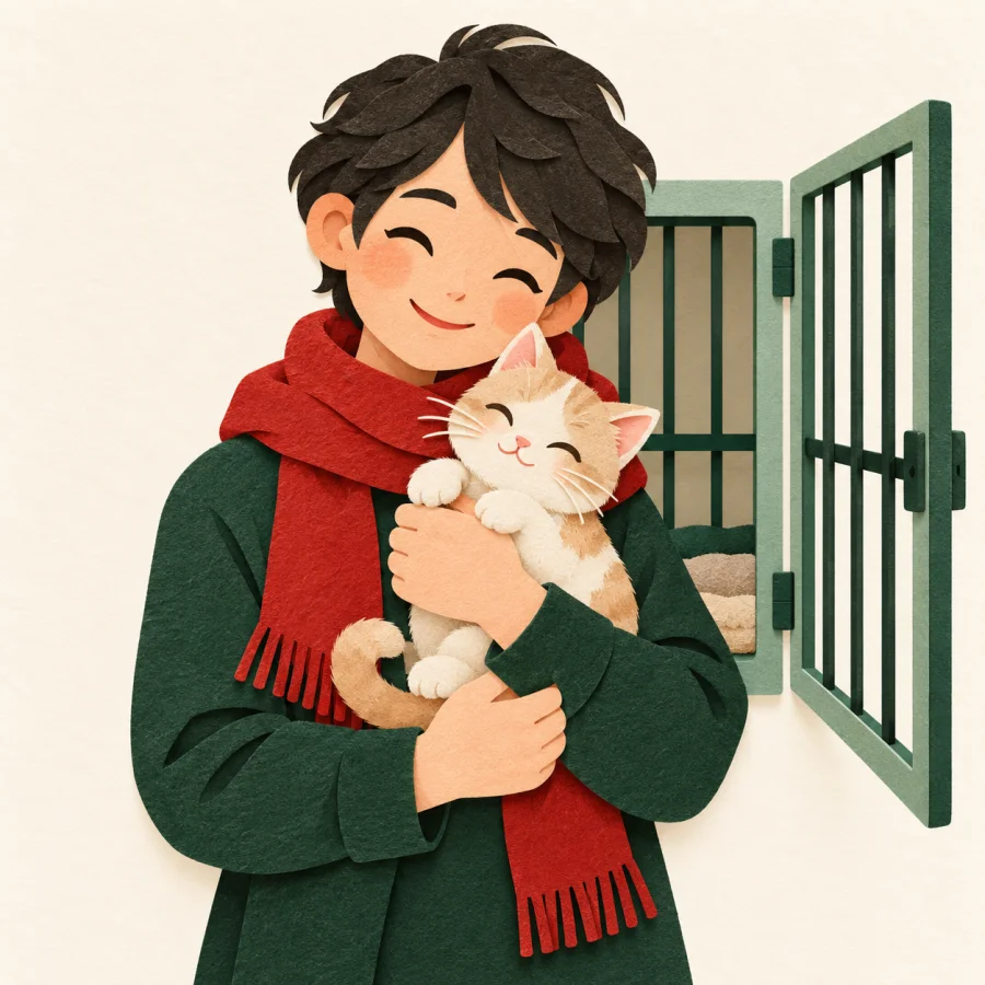 A person cuddles a kitten at an open shelter cage