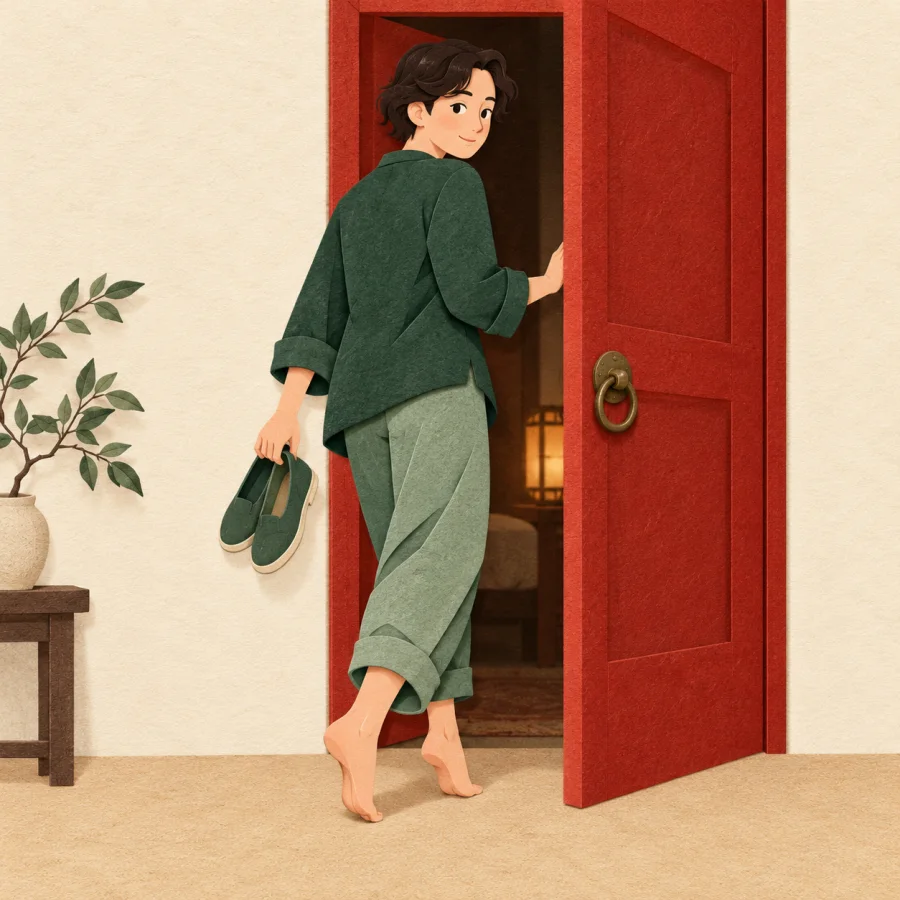 A person tiptoes out of a half-open door with shoes in hand