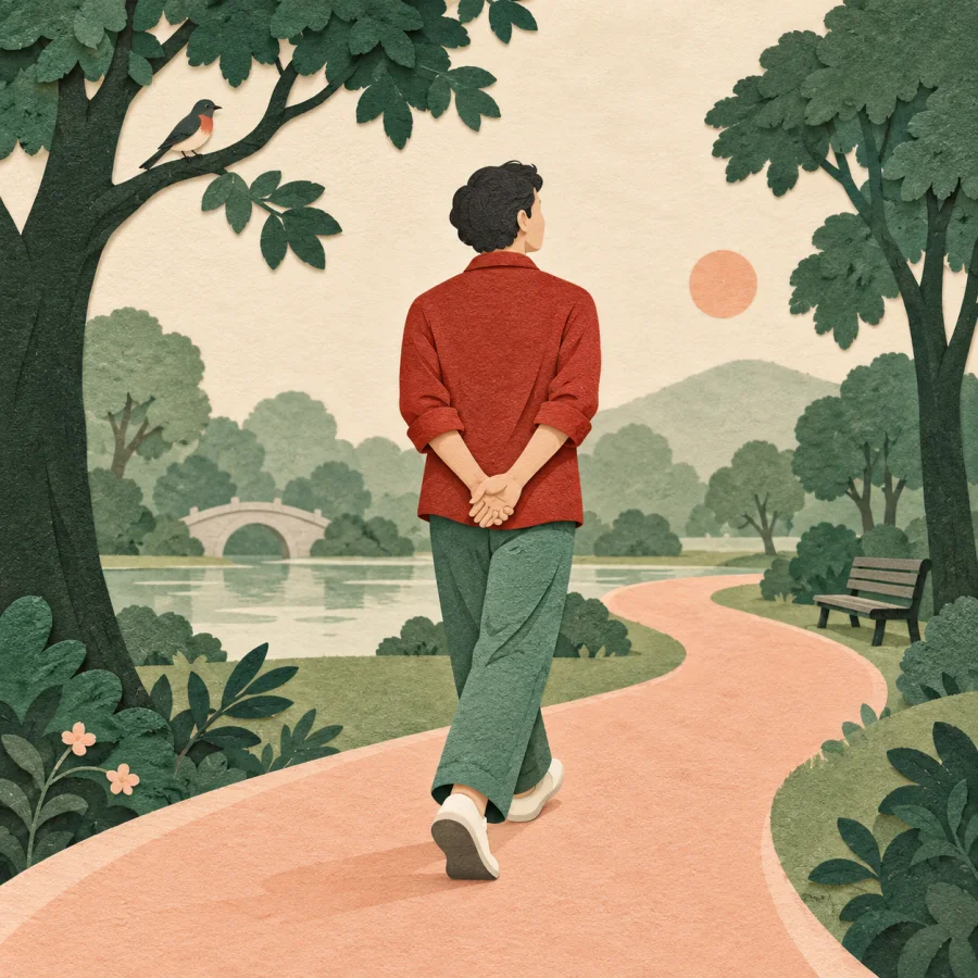 A person with hands behind their back strolls through a park