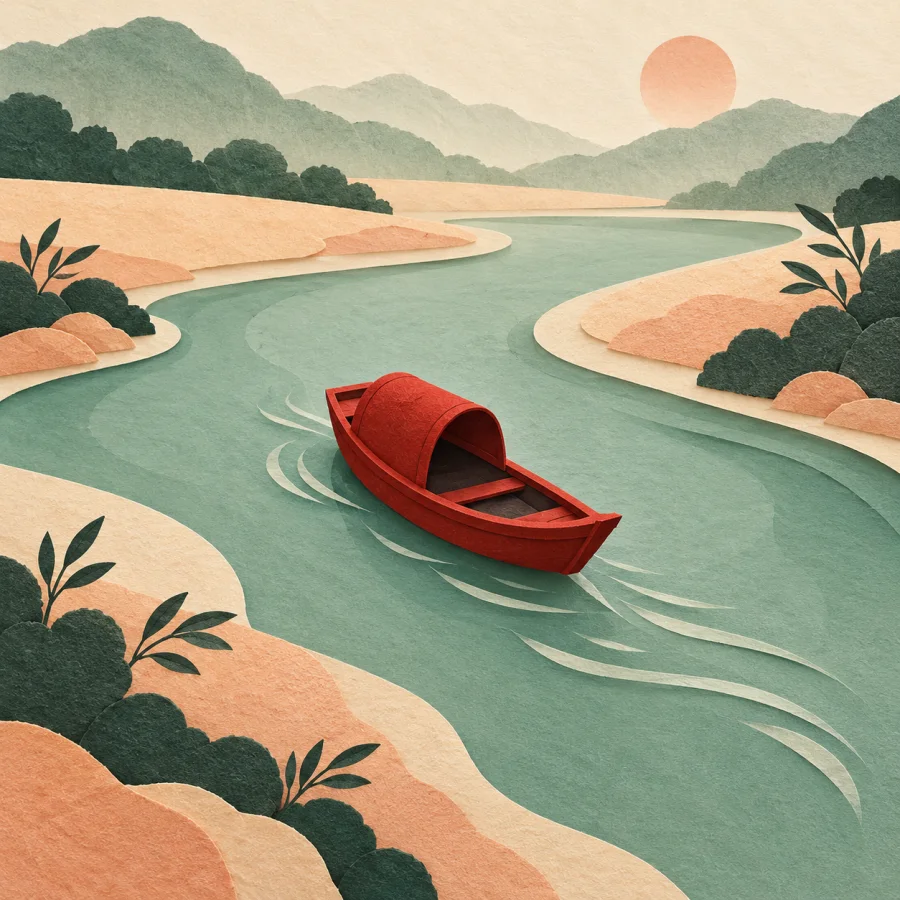 A red boat glides smoothly along a winding river