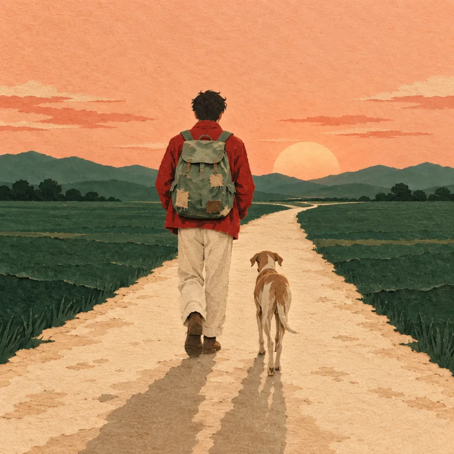 A traveler with a backpack and a dog walks a road at dusk