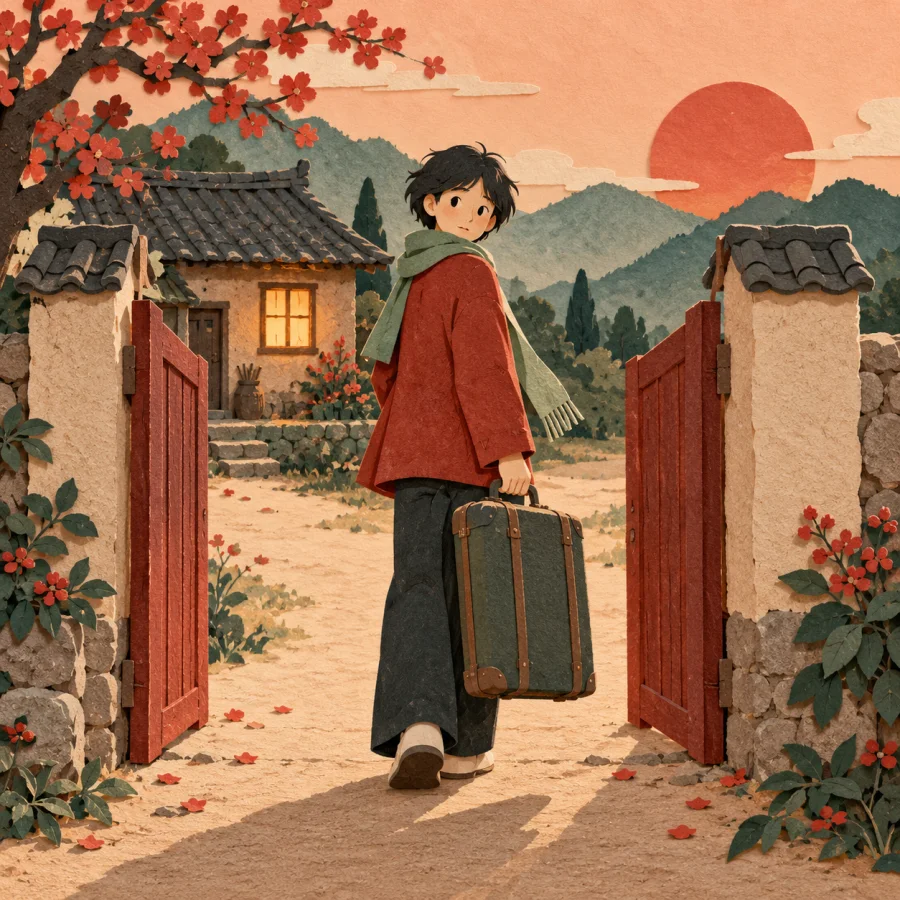 A person with a suitcase looks back at an old house with a lit window