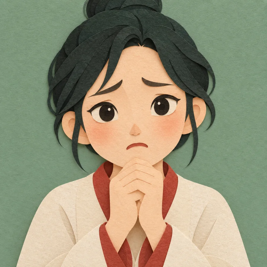A worried face with anxious eyes and clasped hands