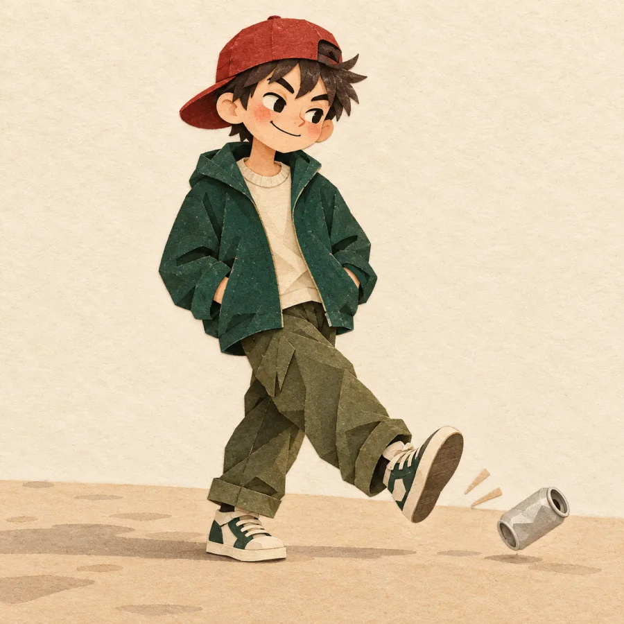 A teenager in a cap kicks an empty can down the street