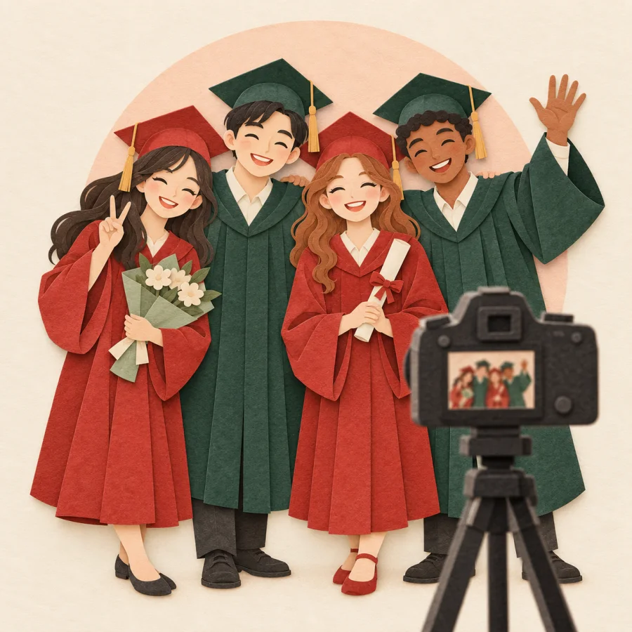 Friends in graduation gowns smile in front of a camera on a tripod