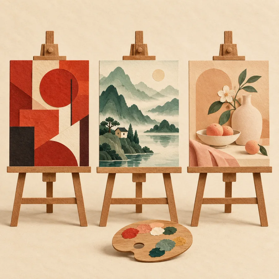 Three easels with paintings in different styles