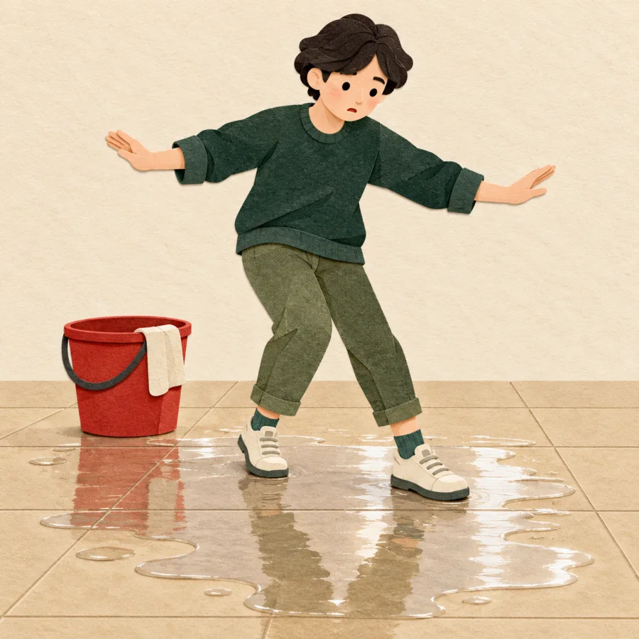 A person walks carefully on a wet floor with arms out