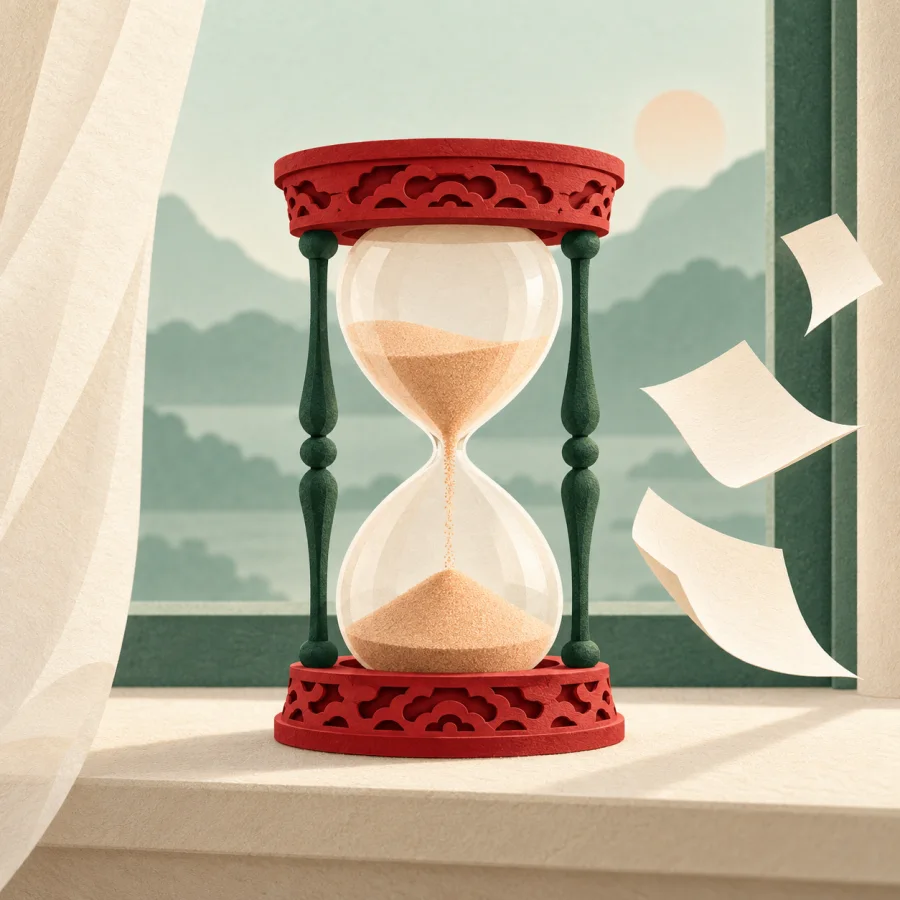 An hourglass on a windowsill with pages drifting away