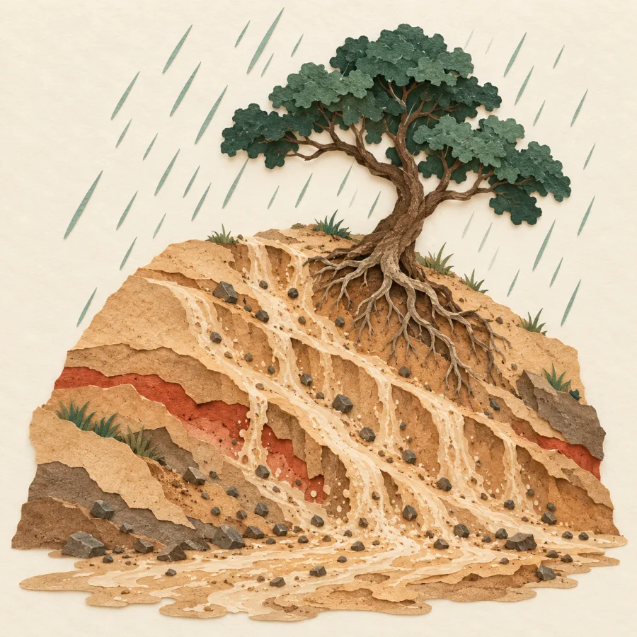 Rain washes soil off a hillside, exposing a tree's roots