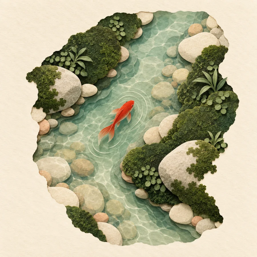 A clear stream flows over round stones with a small red fish