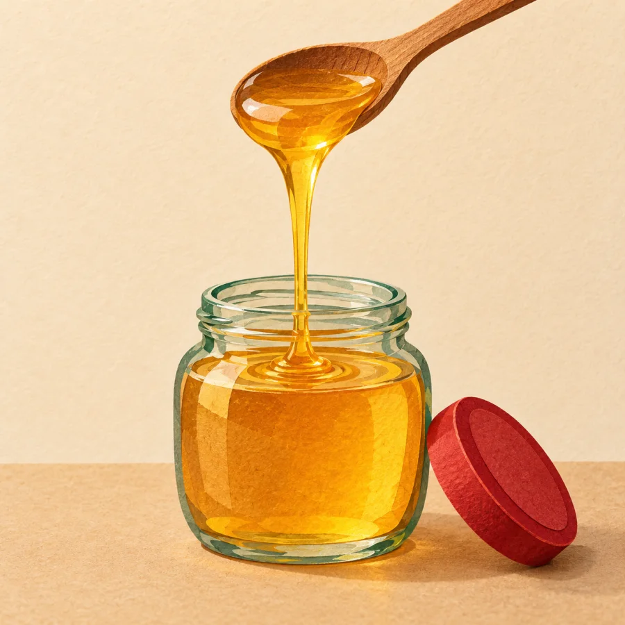 Golden honey slowly flows from a spoon into a jar