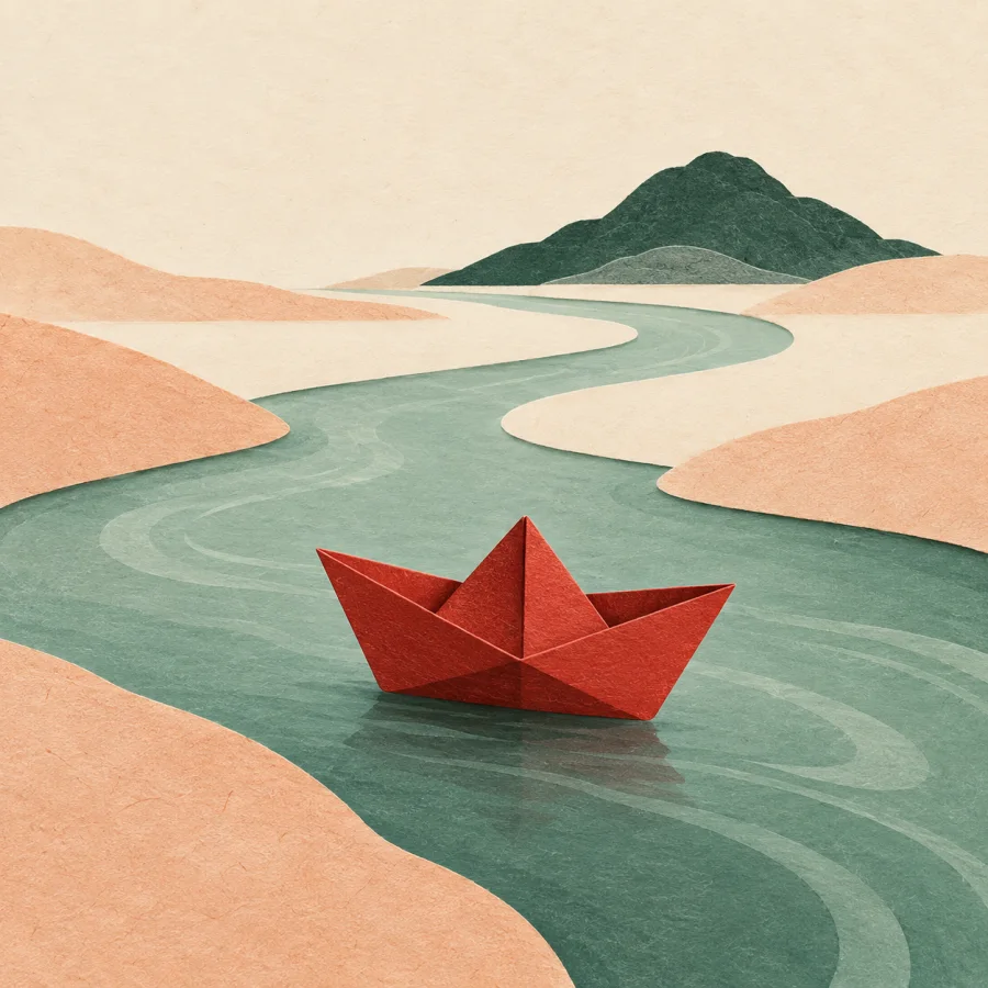 A paper boat drifts down a curving stream toward a hill