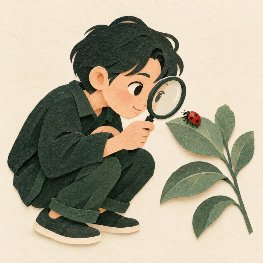 A person examines a ladybug on a leaf with a magnifying glass