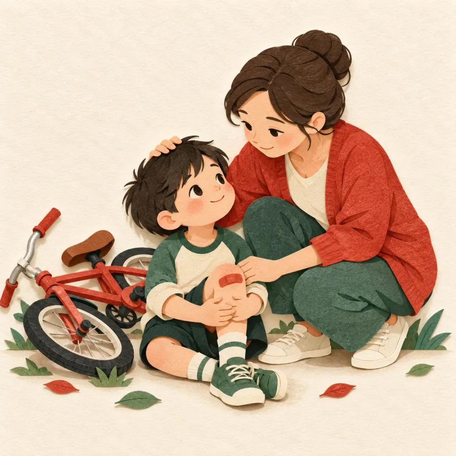A child with a bandaged knee sits beside a fallen bicycle