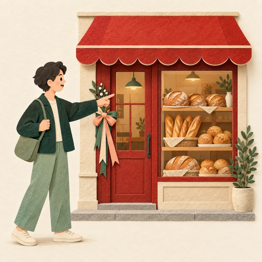 A person on the street points at a new bakery with a red awning