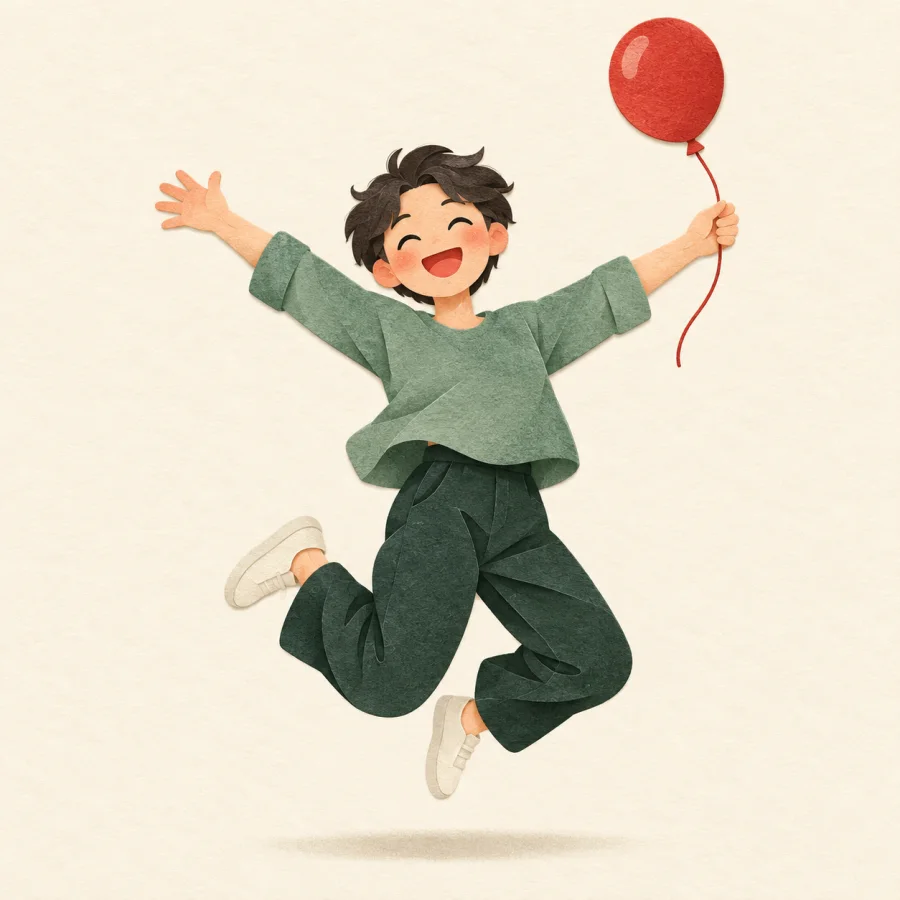 Eine Person springt mit einem Luftballon